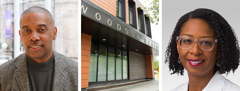 Melvin Thompson and Dinee Simpson profile pictures alongside outdoor shot of front of Woodson library
